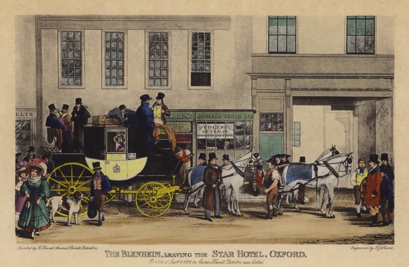The Blenheim, Leaving the Star Hotel, Oxford (farget gravering) av Frederick James Havell