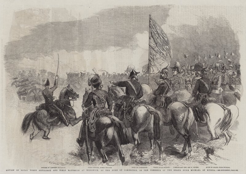 Gjennomgang av Royal Horse Artillery and Field Batteries at Woolwich, av hertugen av Cambridge, i nærvær av storhertugen Michael av Russland av Frederick John Skill