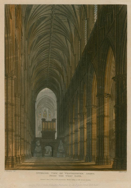 Innvendig utsikt over Westminster Abbey, London, fra West Gate av Frederick Mackenzie