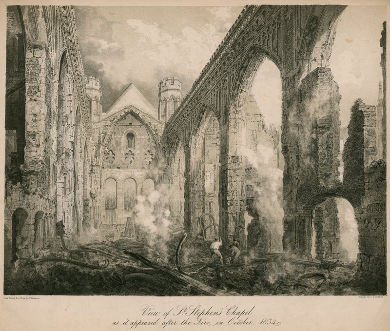 Utsikt over St Stephen's Chapel slik det så ut etter brannen i oktober 1834 av Frederick Mackenzie