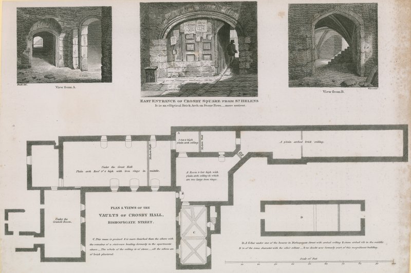 Grunnplan og utsikt over hvelvene i Crosby Hall, Bishopsgate Street av Frederick Nash