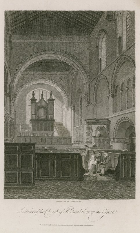 Interiør i St Bartholomew den store kirke av Frederick Nash