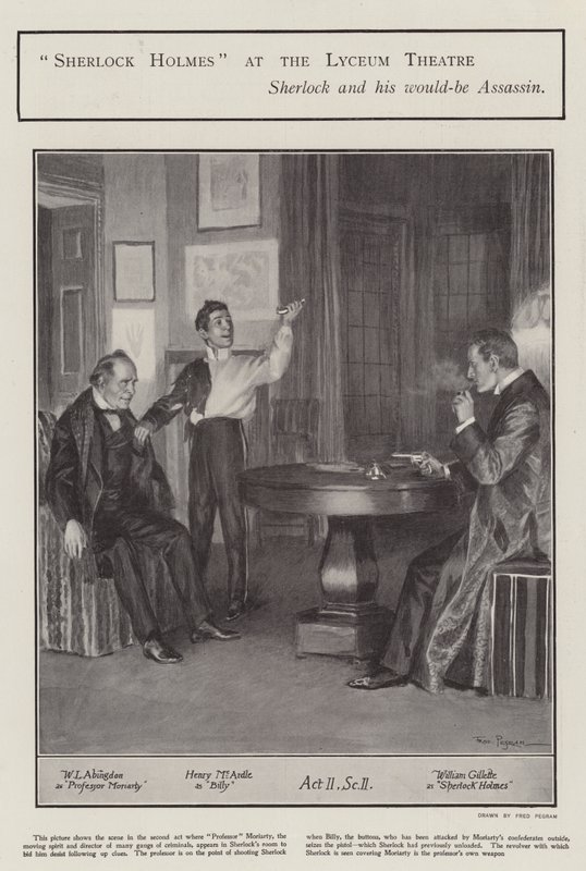 En forestilling av Sherlock Holmes på Lyceum Theatre, London (litho) av Frederick Pegram