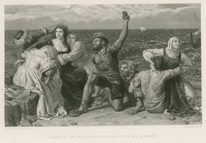 Pirates of the Mediterranean som spiller på terninger for fanger (gravering) av Frederick Richard Pickersgill