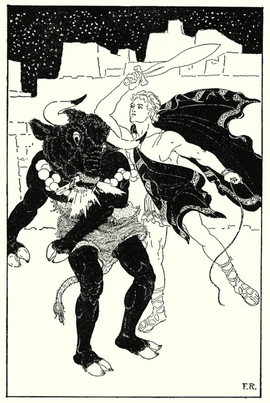 Det fulgte den mest forferdelige kampen mellom Thesevs og Minotauren som noen gang har skjedd (litho) av Frederick Richardson
