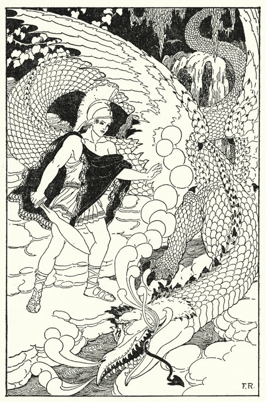 Da dragen fikk øye på Cadmus, satte han opp enda et avskyelig sus (litho) av Frederick Richardson