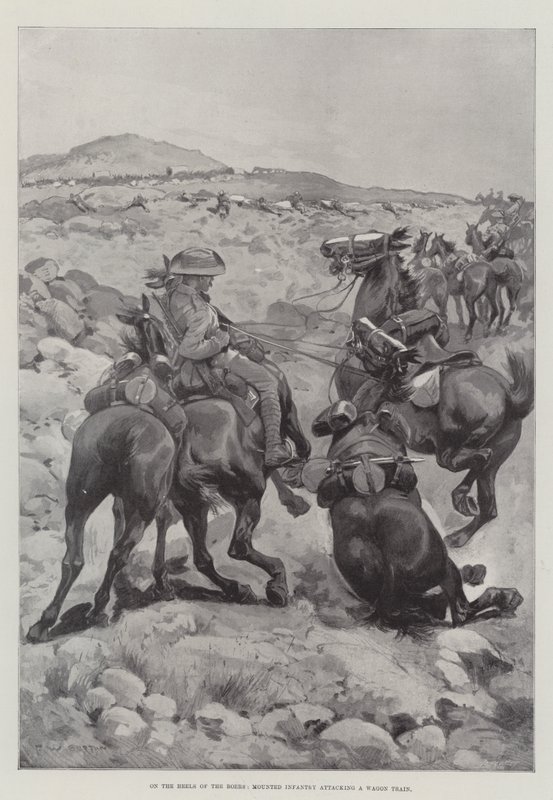 På bøernes hæler angriper montert infanteri et vogntog av Frederick William Burton