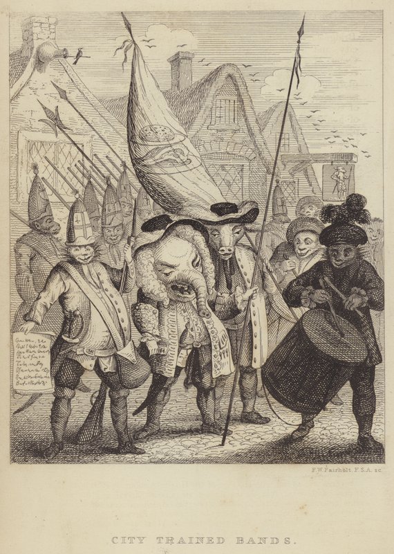 City Trained Bands: satire over militsene knyttet til City of London og panikken generert av Jacobite Rebellion fra 1745 (gravering) av Frederick William Fairholt
