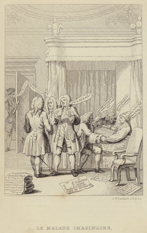 Le Malade Imaginaire: satire som skildrer forfatter og botaniker John Hill i sengen som blir konsultert av en rekke leger som alle er fast bestemt på å sikre sine honorarer av Frederick William Fairholt