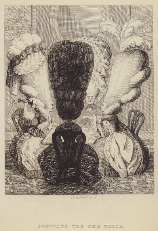 Settling the Odd Trick: satire som viser kvinnefrisyrer og manien for spill av Frederick William Fairholt