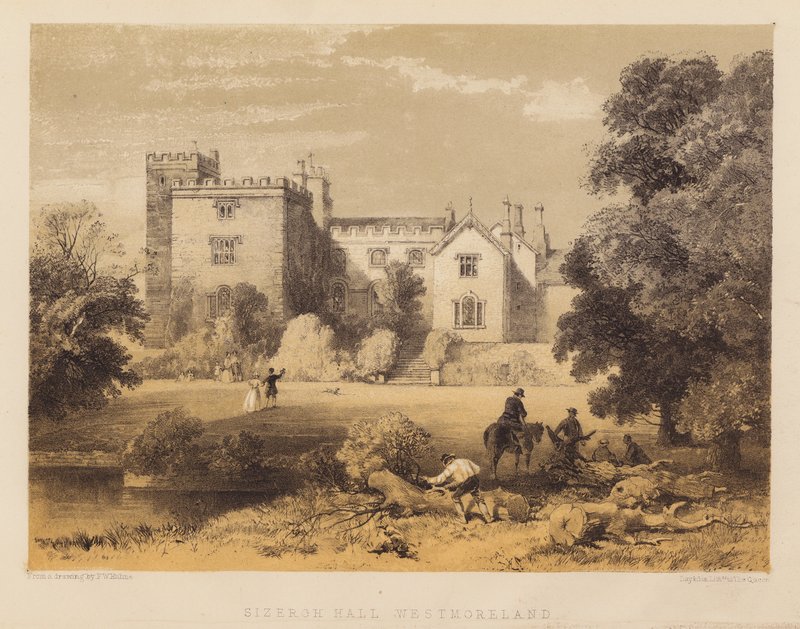 Sizergh Hall, Westmoreland (akvatint) av Frederick William Hulme
