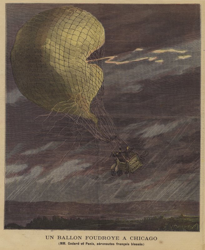 En ballong truffet av lynet over Chicago av French School