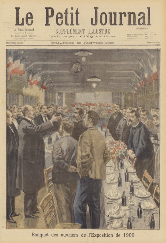 Bankett for arbeidere som forbereder stedet for verdensutstillingen i 1900 i Paris av French School