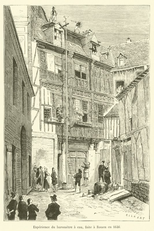 Eksperiment med vannbarometeret, laget i Rouen i 1646 av French School