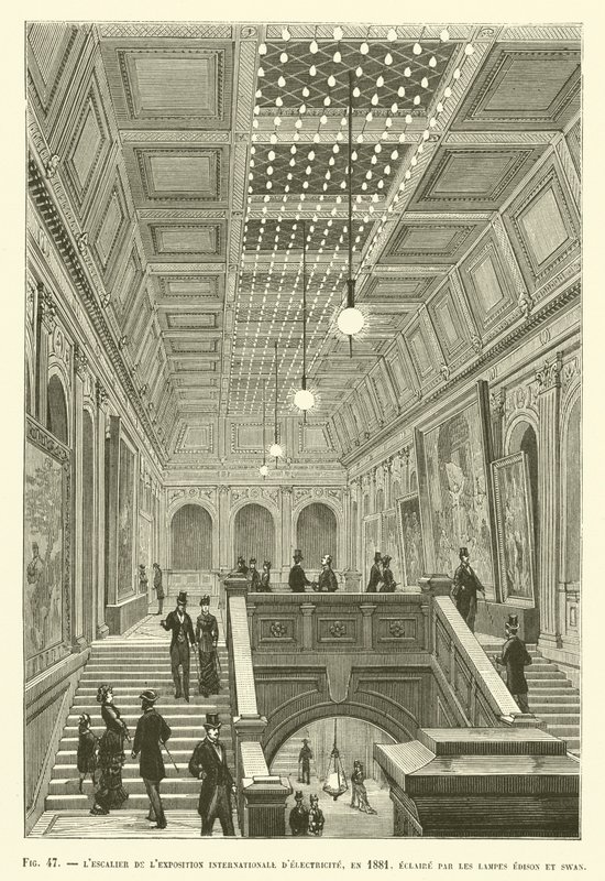 The Staircase of the International Electricity Exhibition, i 1881, opplyst av Edison og Swan Lamps av French School