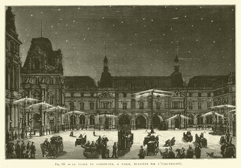 Place Du Carrousel, i Paris, opplyst av elektrisitet av French School