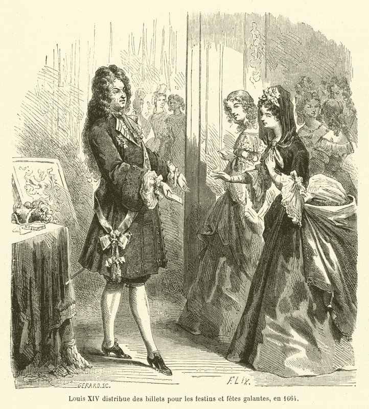 Louis XIV distribuerer billetter til fester og fester galantes, i 1664 av French School