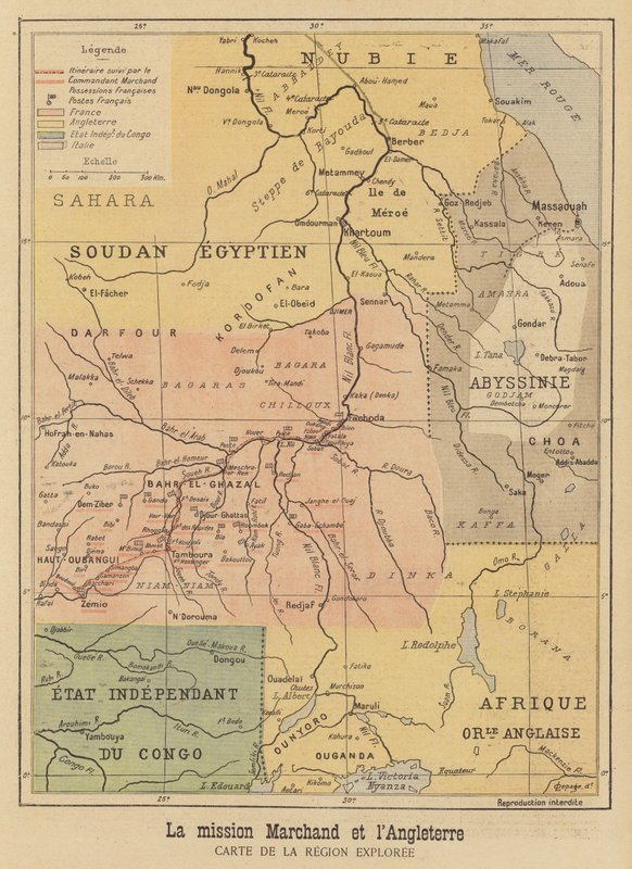 Kart over regionen i Afrika utforsket av Marchand-ekspedisjonen av French School