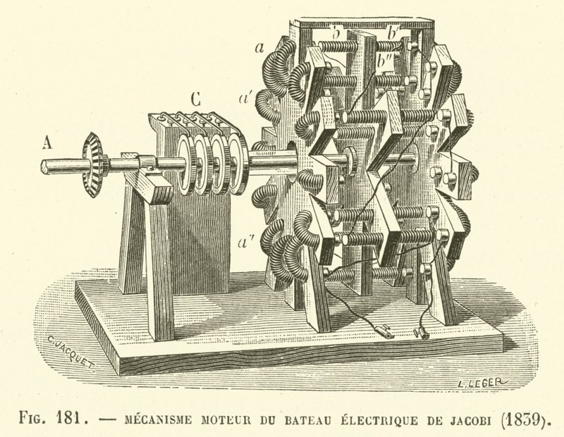Motormekanismen til Jacobis elektriske båt, 1839 av French School
