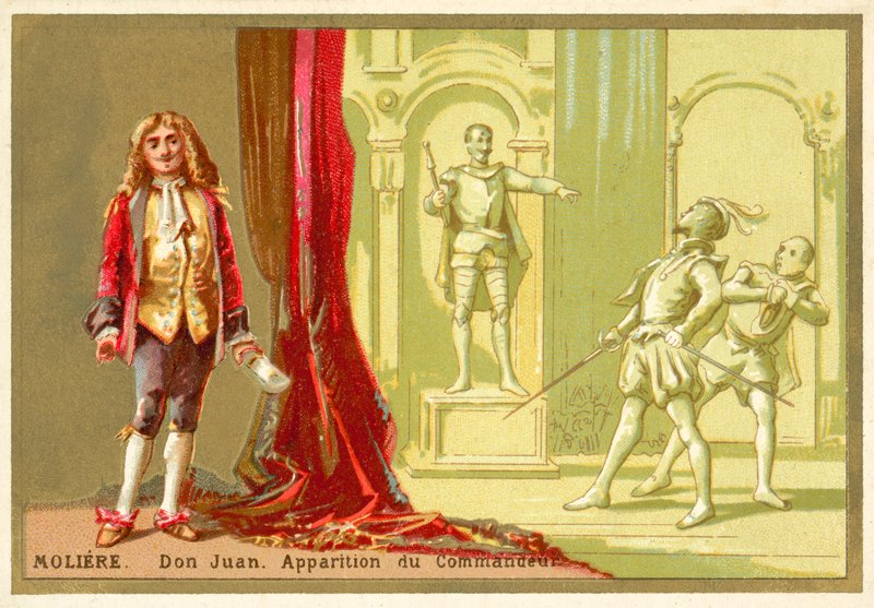 Moliere, fransk dramatiker, og en scene fra skuespillet hans Don Juan av French School