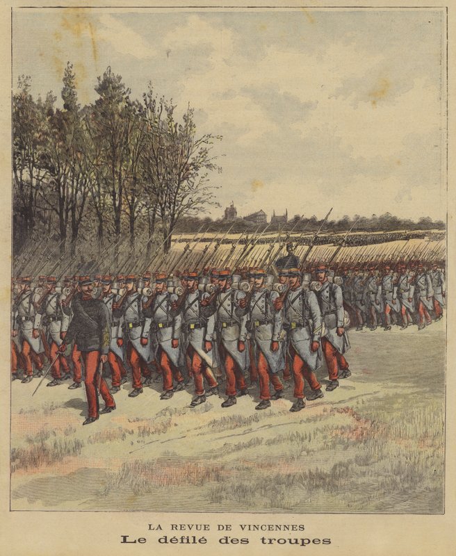 Parade av tropper ved gjennomgangen av den franske hæren i Vincennes av French School