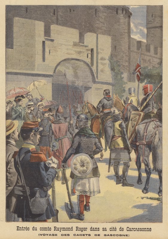 Gjenoppføring av grev Raymond Roger av Carcassonnes inntreden i byen hans av French School