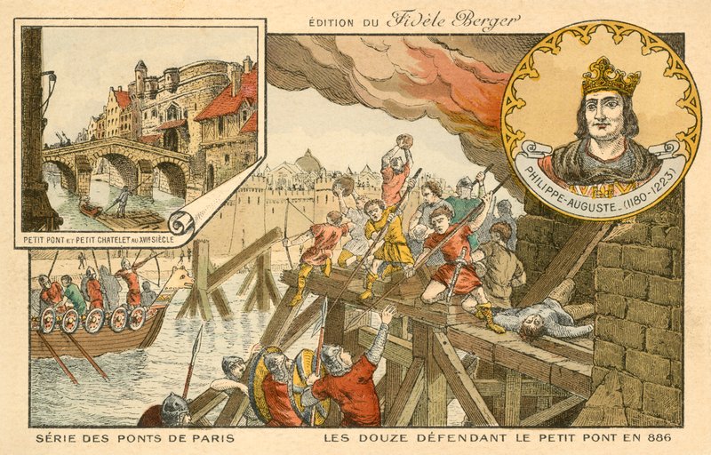 De tolv forsvarer Petit Pont mot vikingene, Siege of Paris, 886 av French School