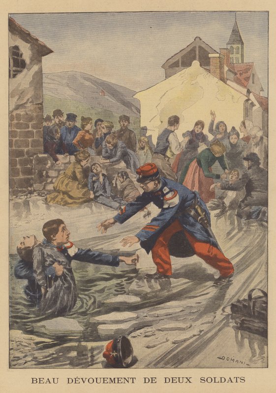 To soldater reddet en gruppe barn som hadde falt gjennom isen i en frossen dam av French School