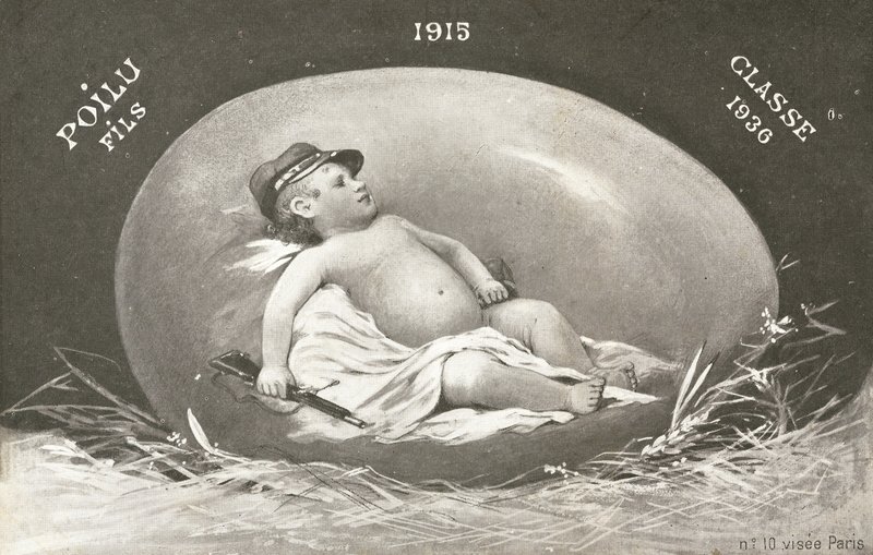 1915, påskekort som viser allerede bevæpnet babysoldat i egg av French Photographer