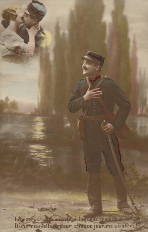En soldat ser for seg at han og kjærligheten hans kysser (tonet bilde) av French Photographer