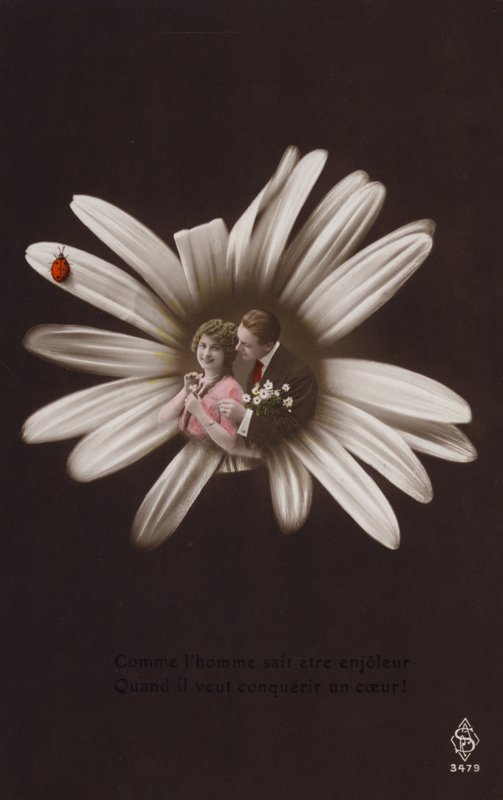 Et ungt par i midten av en blomst med marihøne (tonet fotokollasje) av French Photographer