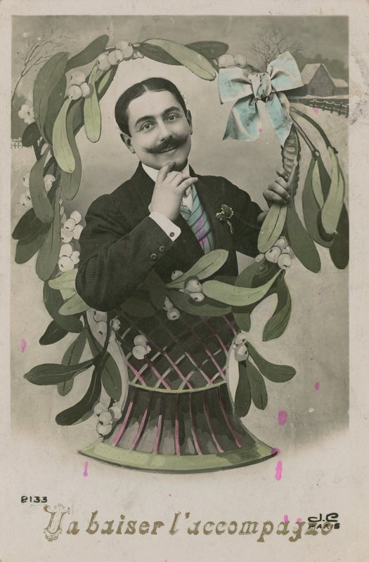 Akkompagnert med et kyss, postkort sendt i 1913 (håndfarget bilde) av French Photographer