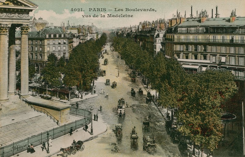 Boulevards of Paris, sett fra Boulevard de la Madeleine. Postkort sendt i 1913. av French Photographer