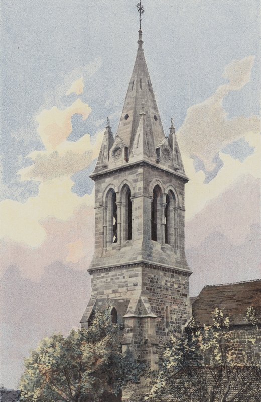 Bourbonne-les-Bains, kirke, klokketårn og spir av French Photographer