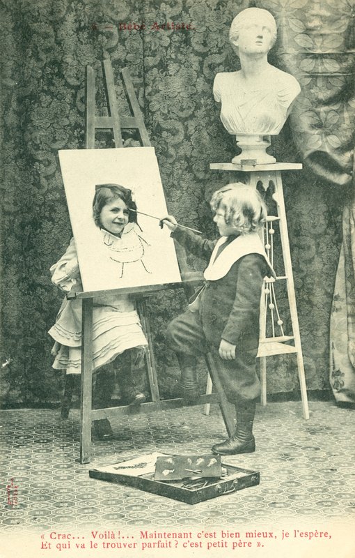 Barn maler, jente med hode gjennom lerret av French Photographer
