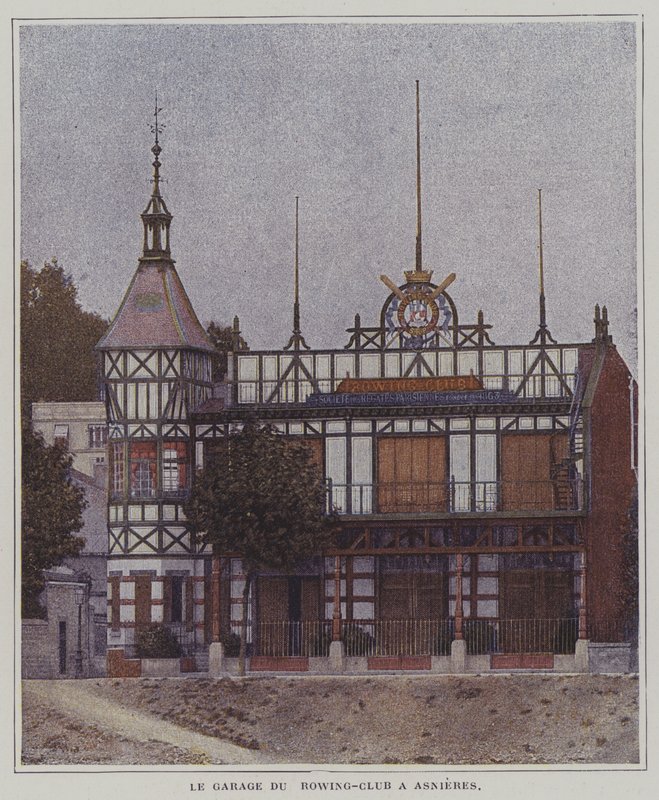 Klubbhuset til Societe des Regates Parisiennes roklubb, Asnieres, Paris, Frankrike (fargebilde) av French Photographer