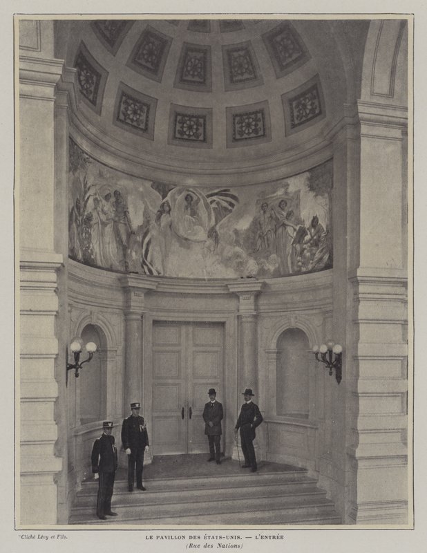 Inngang til den amerikanske paviljongen, Exposition Universelle 1900, Paris (s/hv-bilde) av French Photographer