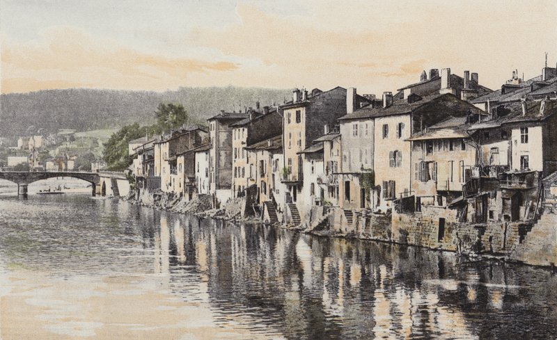 Epinal, Gamle hus på Quai Rualmenil, ved bredden av Mosel av French Photographer
