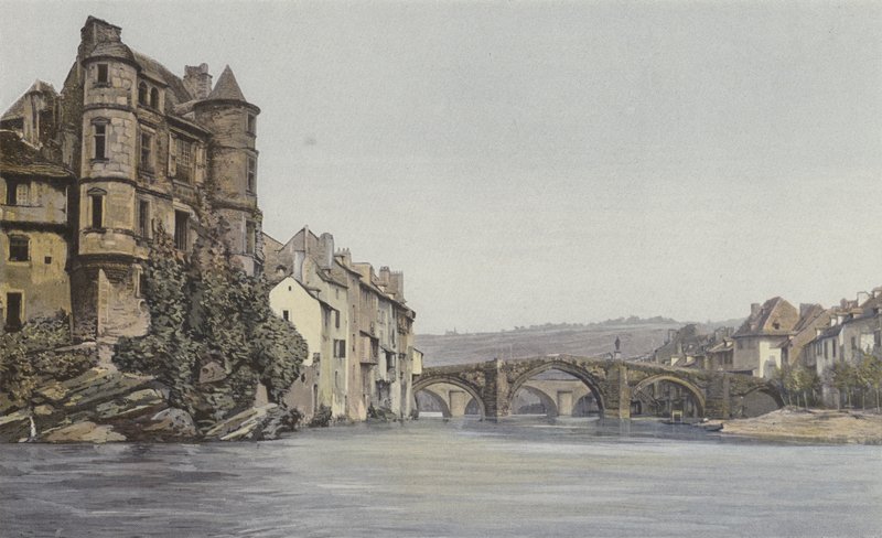 Espalion, Old Courthouse og Old Bridge over the Lot av French Photographer