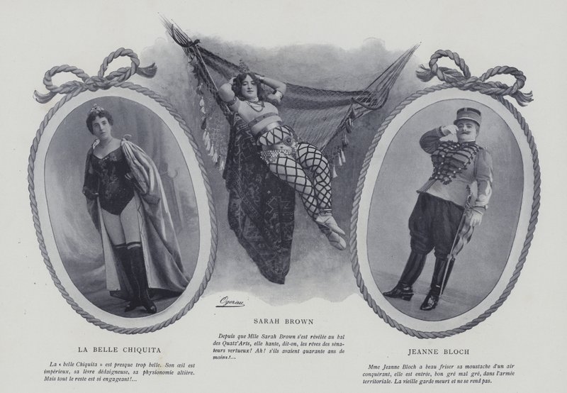 Franske skuespillerinner og sangere La Belle Chiquita, Sarah Brown og Jeanne Bloch (s/hv-bilde) av French Photographer