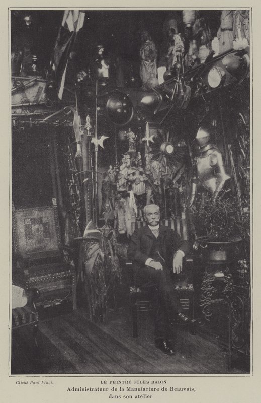 Den franske maleren Jules Badin, leder av Beauvais Tapestry Manufacture, i verkstedet sitt (s/hv-bilde) av French Photographer