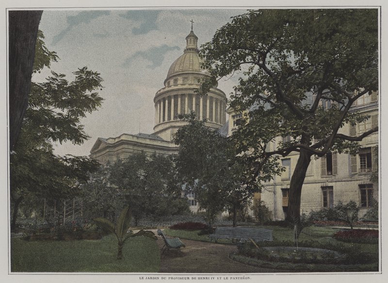 Hage til rektor for Lycee Henri IV og kuppelen til Pantheon, Paris (farge litho) av French Photographer