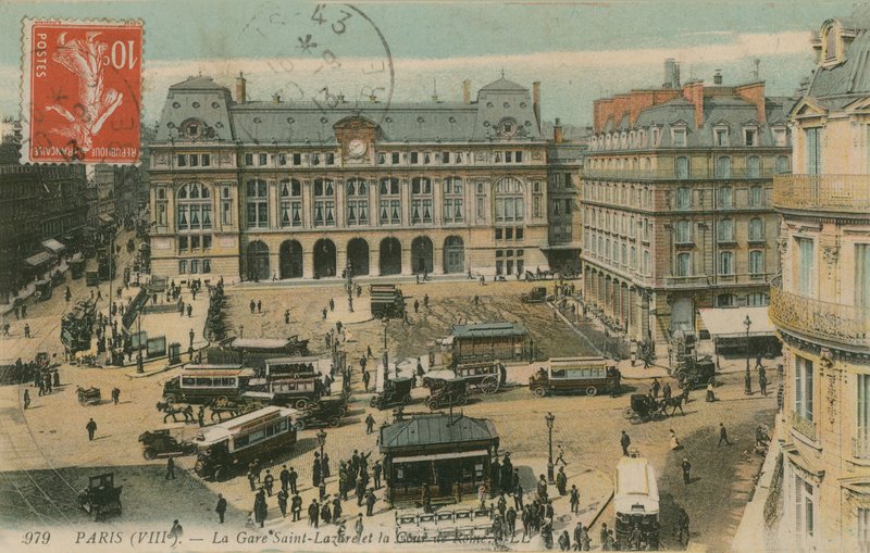 Gare St Lazare og Cour de Rome, Paris. Postkort sendt i 1913. av French Photographer