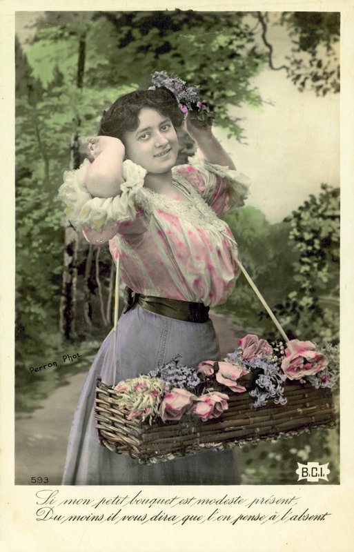 Jente med blomster til salgs av French Photographer