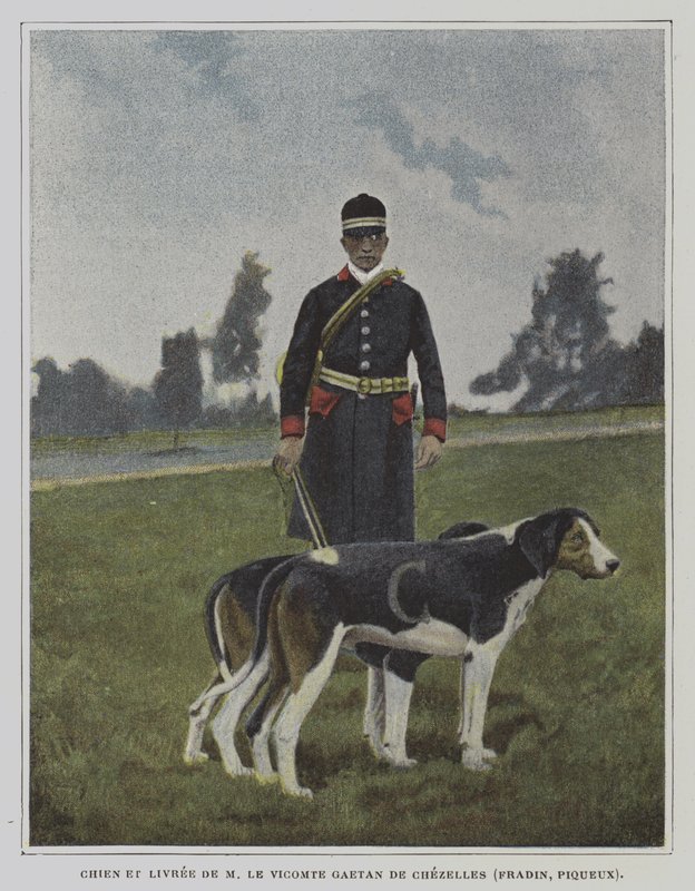 Hund og jeger i livery av jakten på Vicomte Gaetan de Chezelles, Frankrike (fargebilde) av French Photographer