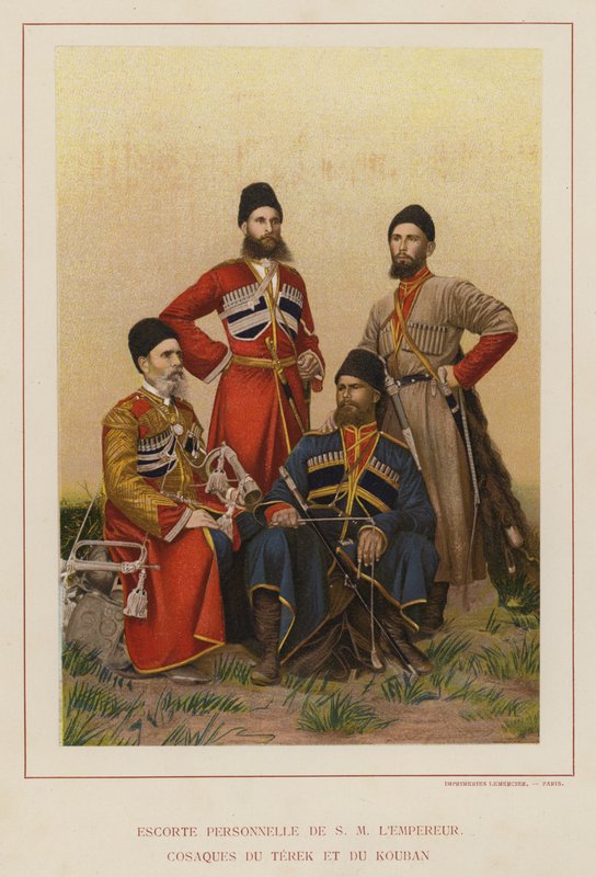 Den russiske hæren: Personlig eskorte av H M Keiseren, Terek og Kuban-kosakker (bilde) av French Photographer