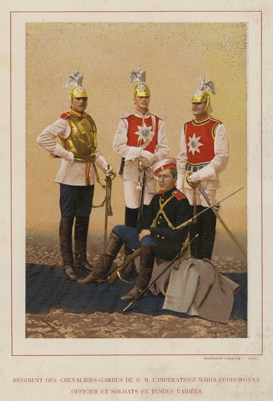 Russisk hær: Regiment of Knights-Guards of H M Keiserinne Maria-Feodorovna, offiser og soldater i forskjellige uniformer (bilde) av French Photographer
