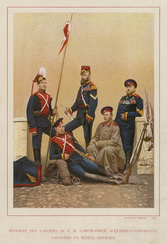 Den russiske hæren: Regiment Of Lancers Of S M The Empress Alexandra-Feodorovna, Cavaliers in Various Outfits (bilde) av French Photographer