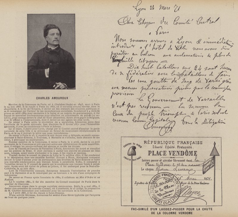 Paris-kommunen, Charles Amouroux, faksimile av et pass for fallet av Vendome-søylen (s/hv-bilde) av French Photographer