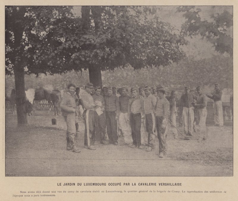 Paris-kommunen, Jardin Du Luxembourg okkupert av Versaillese-kavaleriet (s/hv-bilde) av French Photographer
